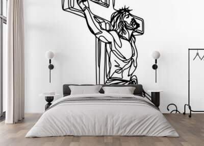 continuous line of Jesus christ.one line drawing of the Lord jesus being overtaken.line art of the event of the crucifixion of jesus christ Wall mural