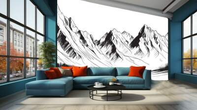 Mountain sketch landscape in black on a white background. Hand drawn sketch style rocky peaks. Vector landscape illustration. banner Wall mural