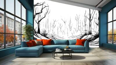 sketch dark twilight forest with fogs, twilight vector illustration. silhouettes of trees with bare  Wall mural