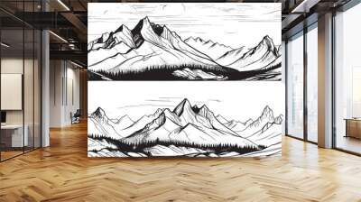 Vector sketch of hand drawn graphic mountain ranges and pine forest. Natural landscape. Black and white backgrounds for outdoor camping. Wall mural