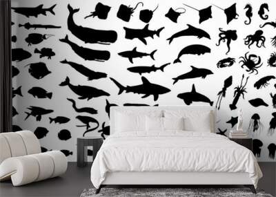 Big collection of sea animals. More than 100 silhouettes of various types of sea animals. Vector illustration Wall mural