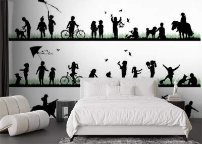 Children and pets silhouettes on white background. Little girls and boys playing outdoor. Vector illustration.	
 Wall mural