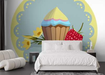 Cupcake, flowers, raspberry on round pattern frame. Vector illustration. Wall mural