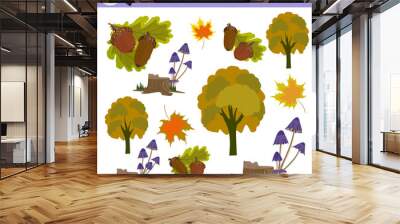 Find same pictures with cartoon autumn leaves, mushrooms, acorns, trees. Educational logical game for children. Vector illustration. Wall mural