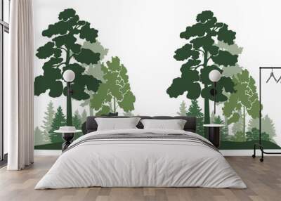 Forest landscape with bear silhouette, green colors, vector illustration. Wall mural