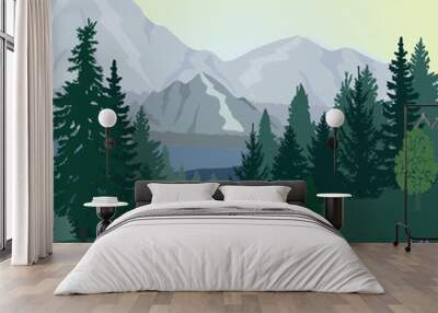 Forest landscape with mountain meadow, purple flowers, sunset, sunrise, vector illustration. Wall mural