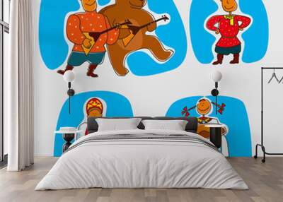 Funny characters in national Russian costumes. A guy with a balalaika and a funny bear, Russian beauties Wall mural