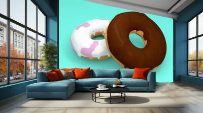 two glazed donut or doughnut on light green background, 3d render, 3d illustration Wall mural