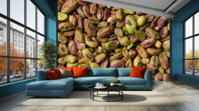 Pistachios without shell top view. Pistachio nuts. Whole nut kernels Wall mural