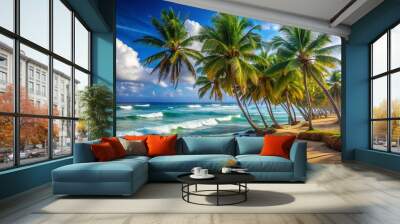 A beautiful beach scene with palm trees and a clear blue sky Wall mural