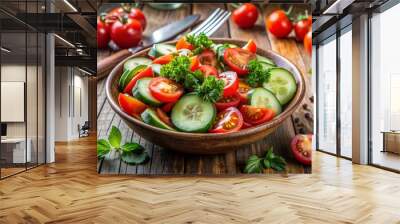 A bowl of salad with tomatoes, cucumbers, and herbs on a wooden table Wall mural