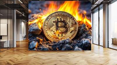 A close up of a Bitcoin coin on fire Wall mural