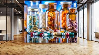 A collection of various colored pills and bottles, including some green Wall mural