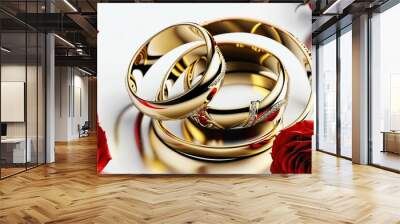 A couple's wedding rings are placed on top of a red rose Wall mural