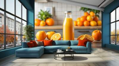 A glass bottle of orange juice sits on a wooden table next to a bowl of oranges Wall mural