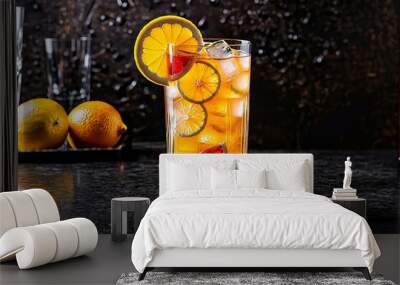 A glass of orange juice with ice cubes and slices of oranges Wall mural