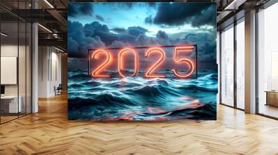 A glowing text of the number 2025 on a dark blue ocean Wall mural