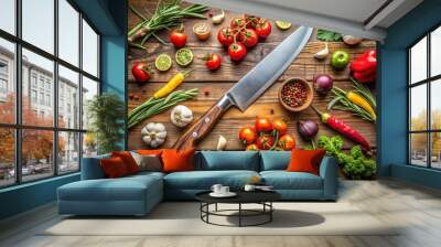 A knife is on a cutting board with a variety of vegetables including tomatoes Wall mural