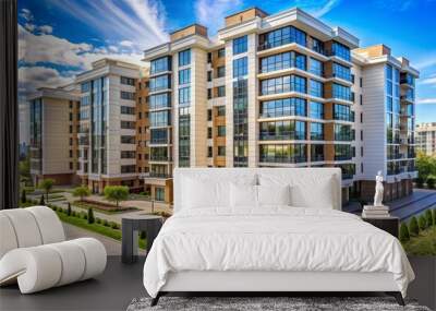 A large apartment building with a lot of windows and a green courtyard Wall mural