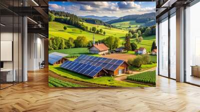 A large field with a lot of solar panels and a house in the middle Wall mural