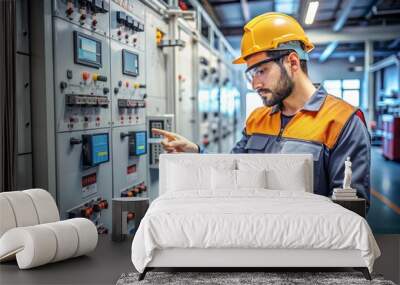 A man in a hard hat is looking at a tablet while standing in a room with many wi Wall mural