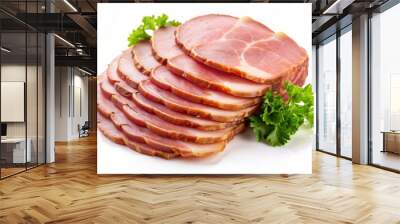 A piece of ham is sliced and displayed on a white background Wall mural