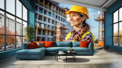 A woman wearing a yellow hard hat and a vest stands in front of a building Wall mural