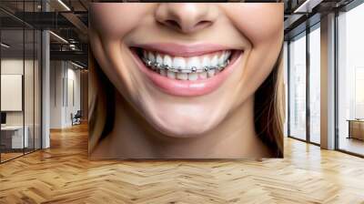 A woman with braces on her teeth is smiling Wall mural