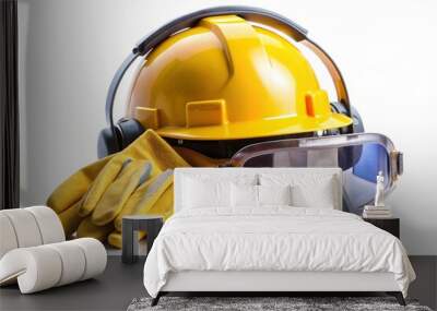 A yellow hard hat, safety glasses and gloves are displayed on a white background Wall mural