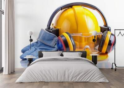 A yellow hard hat, safety glasses and gloves are displayed on a white background Wall mural