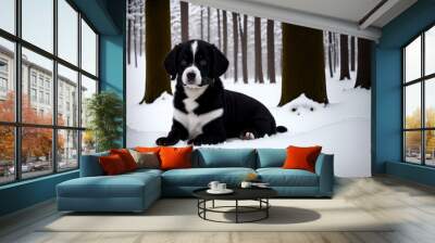 Adorable dog sitting on the snow in the winter forest. Selective focus. Wall mural