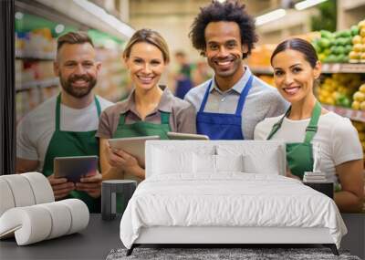 Three people in a grocery store, one of them holding a tablet Wall mural