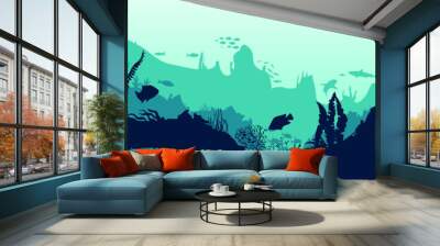  Sea scene with the underwater world. Coral reefs. Tropical sea with water mimicry and its inhabitants. Silhouette of fish and algae. Vector. Wall mural