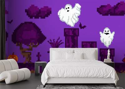 Halloween pixel game. Retro art games. 8-16 bit pixel platformer game resource. Vector illustration Wall mural