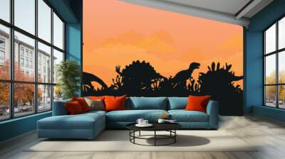 Panorama of prehistoric vector landscape with silhouettes of dinosaurs. Wall mural