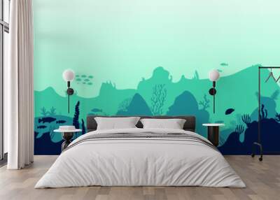 Silhouette of fish and algae on the background of reefs. Underwater ocean scene. Deep blue water, coral reef and underwater plants. a beautiful underwater scene; a vector seascape with reef. Wall mural