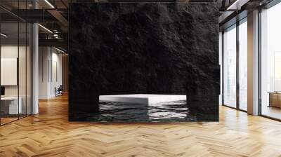 White stone podium on water, mock up scene with black rock background. 3D render Wall mural