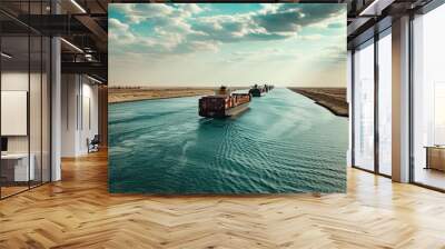 Container ships in the Suez Canal. A group of large cargo ships. Space for text. Wall mural