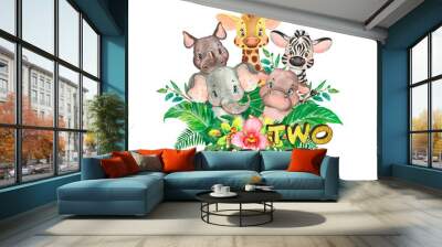 Jungle Safari Two Wild Baby Animal Design. Two wild party birthday.  Leopard lettering. Two wild sublimation design Wall mural