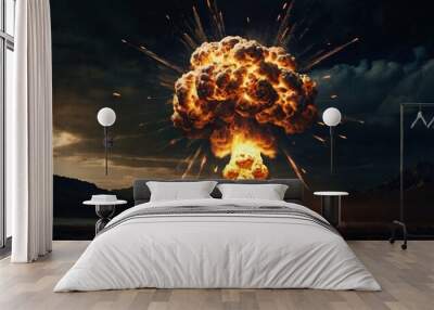 nuclear explosion, this creative artwork delves into the dark realm of nuclear war conceptually. The image captures the catastrophic impact with a mushroom cloud, symbolizing devastation and global da Wall mural