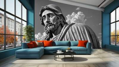 Statue of Jesus Christ. Black and white photography with copy space, art old vintage. Very realistic, 8k quality, hyper realistic, ultra realism Wall mural