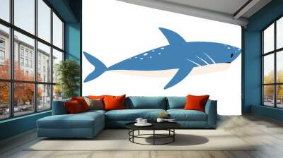 Childrens illustration of cute shark isolated on white background. Hand-drawn blue shark in cartoon style. Wall mural