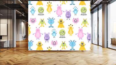 Monster Halloween seamless pattern. Cute cartoon characters in simple hand-drawn Scandinavian style. Vector childish funny doodle illustration. Baby clothes, textiles, fabric, wallpaper,paper Wall mural