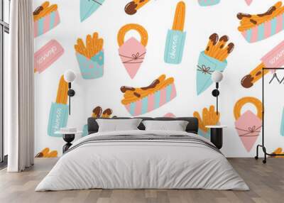 Seamless pattern with churros. Vector illustration in hand drawn flat style. Pattern with chocolate churros in a paper bag. Wall mural