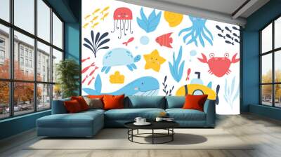 Set of sea animals in flat style. Vector illustration. Collection of marine inhabitants. Hand drawn crab, octopus, jellyfish, whale, fish. Wall mural