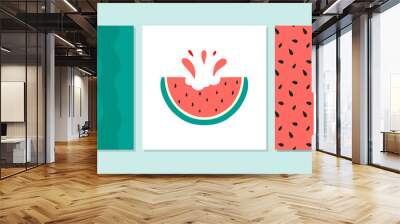 Vector set of posters with a slice of juicy watermelon, with juicy watermelon and watermelon peel. Wall mural