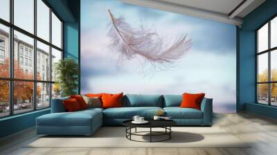 White light feather flying on background of pink-blue sky with clouds Wall mural