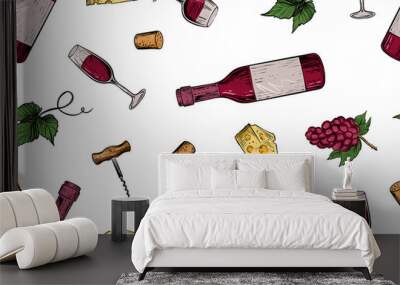 Seamless pattern of winery stuff, color vector illustration Wall mural