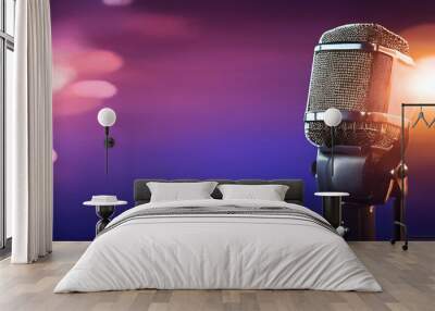 Studio microphone on a dark background, close-up, bokeh lights. Vocal, recording studio.  Ai generativ Wall mural