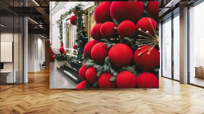 Christmas decoration of the city. Christmas tree with big red balls Wall mural